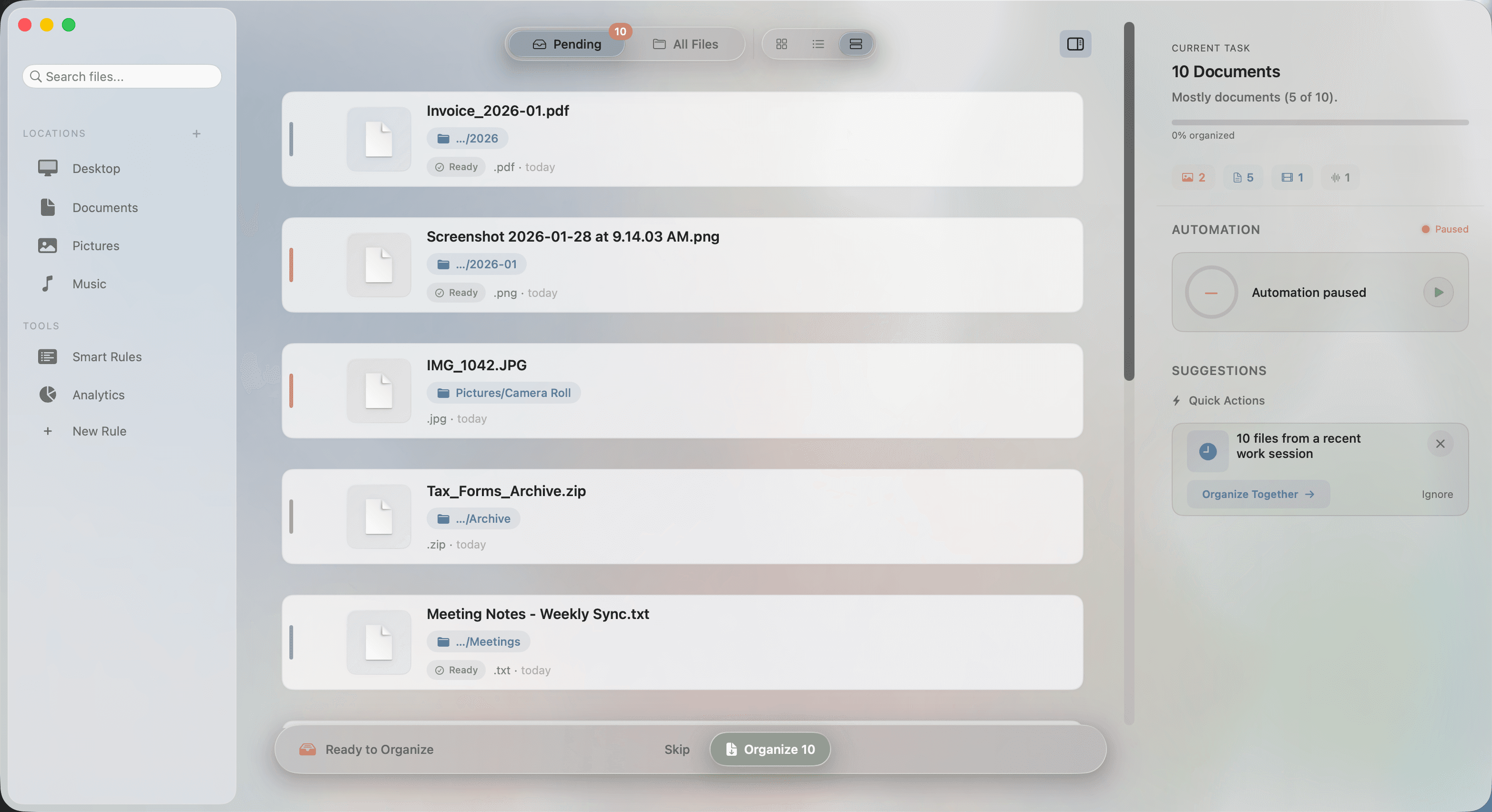 Forma preview queue showing pending file moves, rules, and a right-side inspector