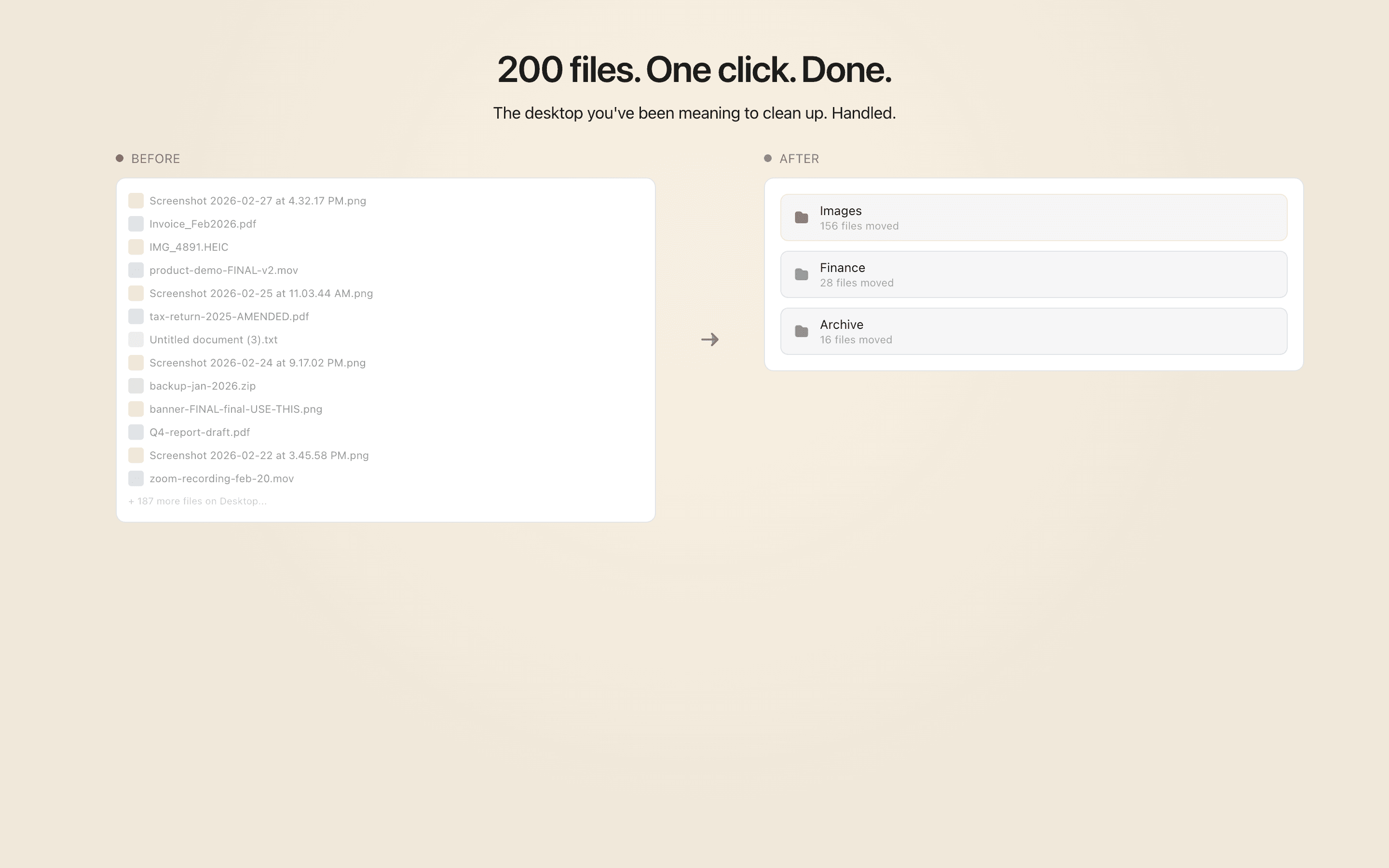 Before and after file organization showing a cluttered desktop turned into organized destination folders